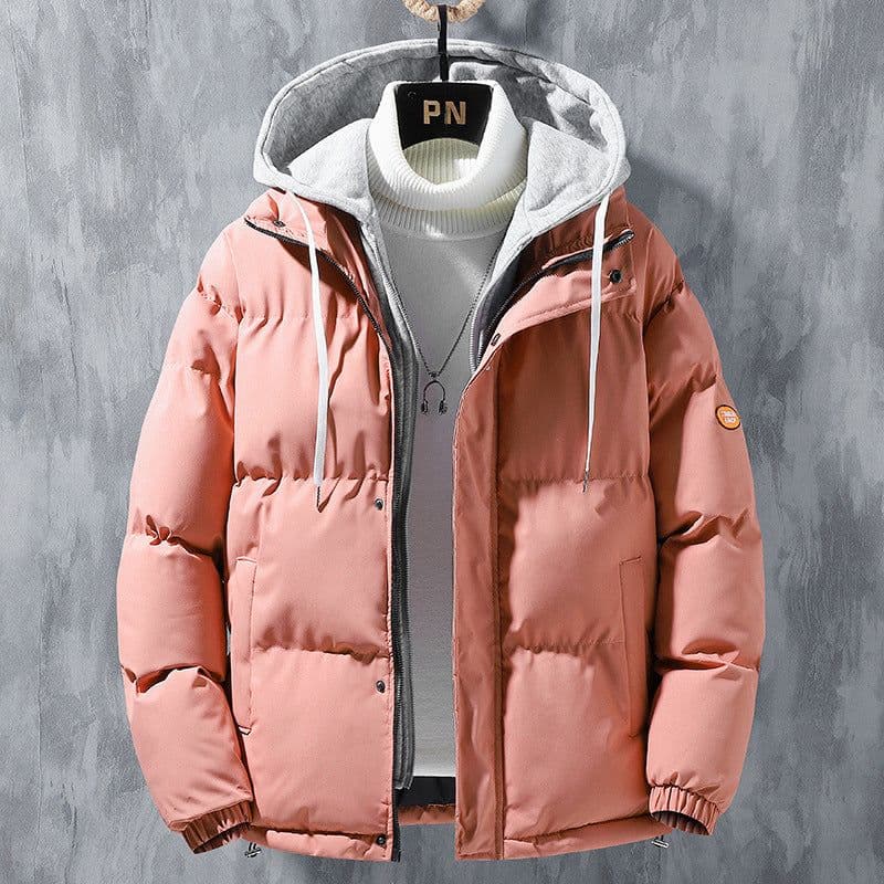 image-Fashion Hooded Jacket Men Winter Windproof Thickened Fake Two-piece Coat Solid Leisure Sports Cotton Jacket