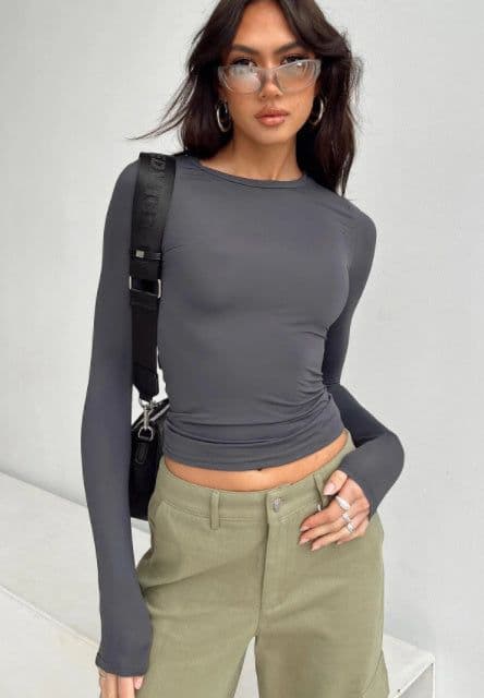 image-Women's Clothing Fashion Slim Long-sleeved Pullovers Tops Solid Causal Fit Shirts