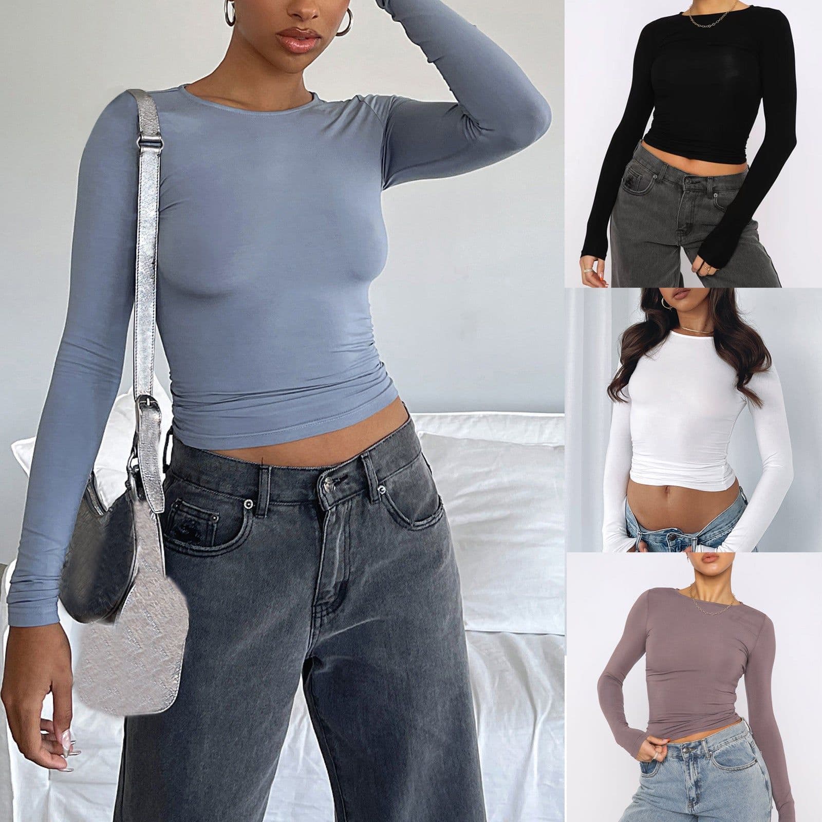 image-Women's Clothing Fashion Slim Long-sleeved Pullovers Tops Solid Causal Fit Shirts