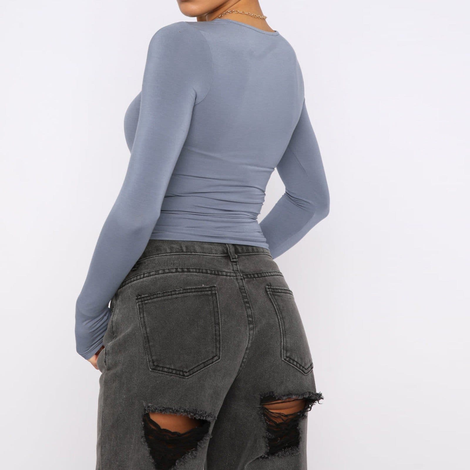 image-Women's Clothing Fashion Slim Long-sleeved Pullovers Tops Solid Causal Fit Shirts