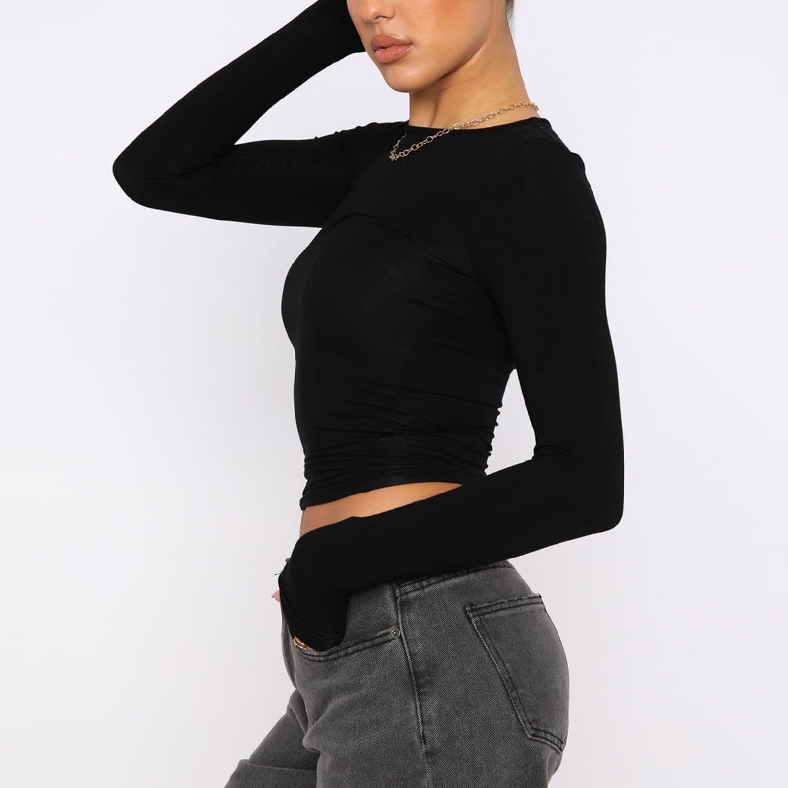 image-Women's Clothing Fashion Slim Long-sleeved Pullovers Tops Solid Causal Fit Shirts
