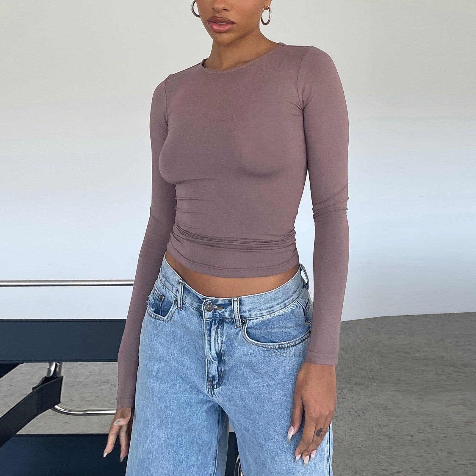 image-Women's Clothing Fashion Slim Long-sleeved Pullovers Tops Solid Causal Fit Shirts