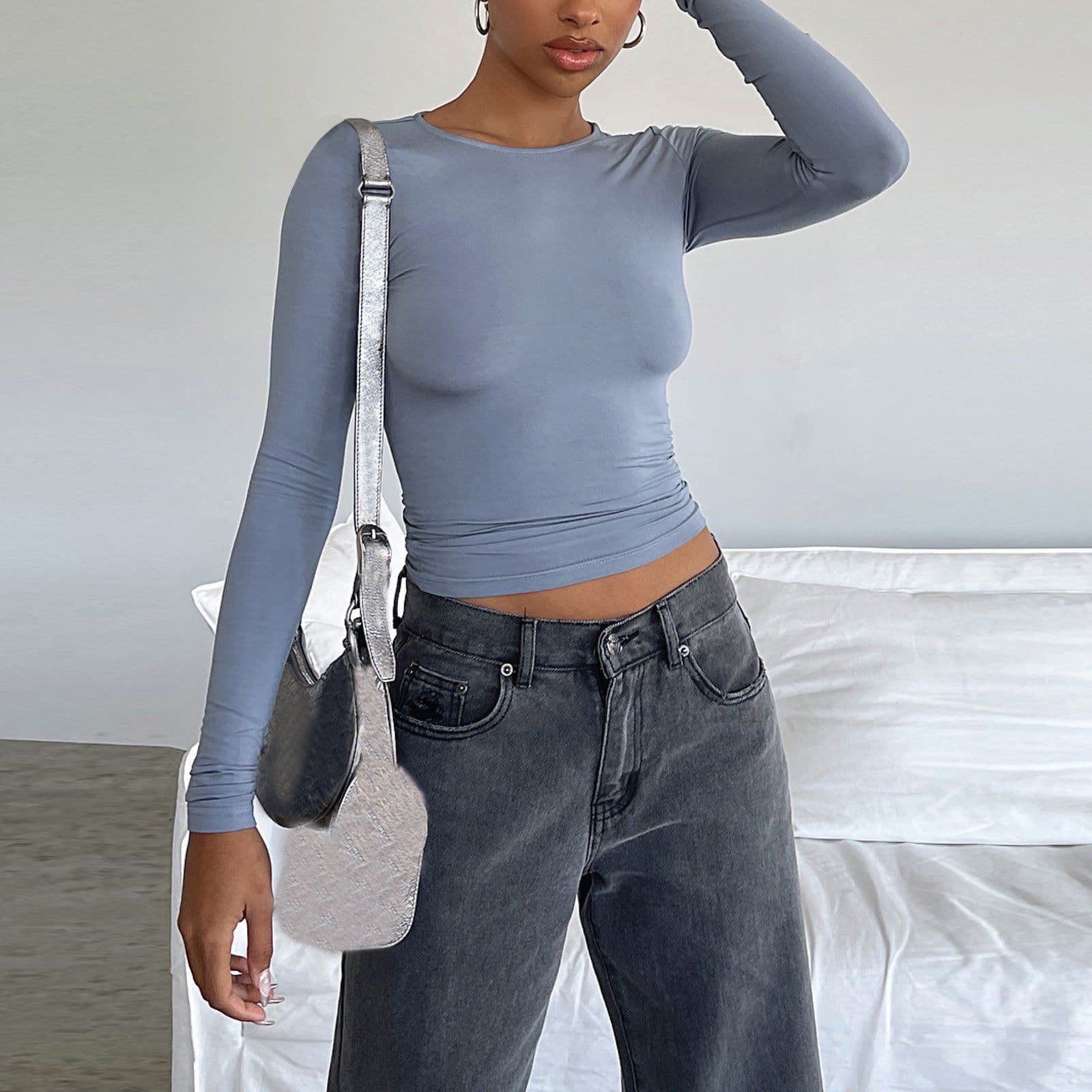 image-Women's Clothing Fashion Slim Long-sleeved Pullovers Tops Solid Causal Fit Shirts