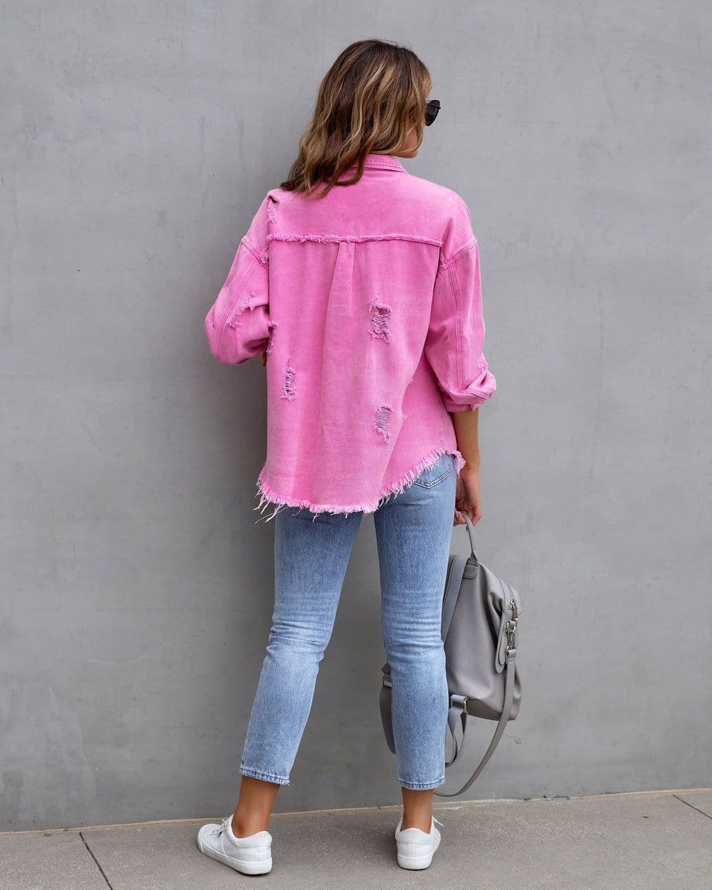 image-Fashion Ripped Shirt Jacket Female Autumn And Spring Casual Tops Womens Clothing