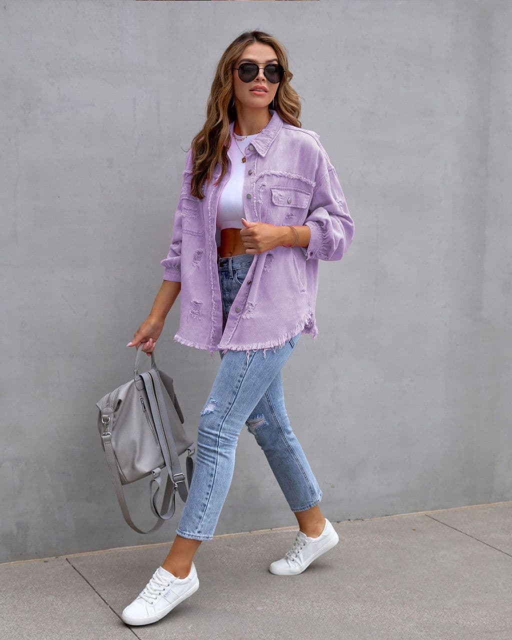 image-Fashion Ripped Shirt Jacket Female Autumn And Spring Casual Tops Womens Clothing
