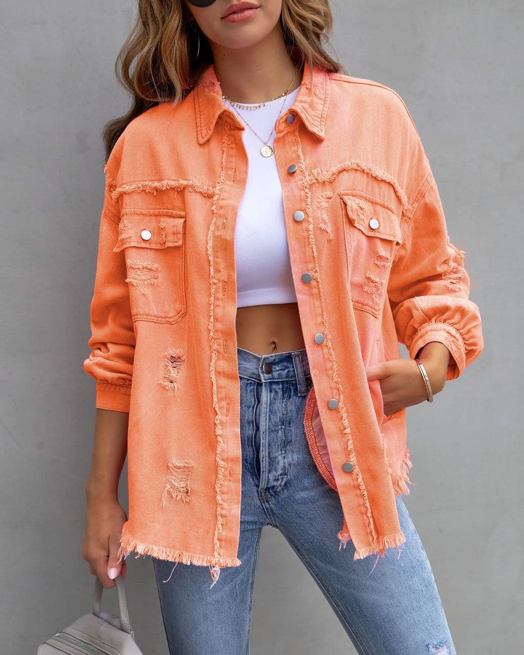 image-Fashion Ripped Shirt Jacket Female Autumn And Spring Casual Tops Womens Clothing