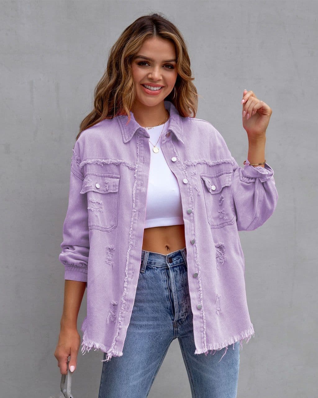 image-Fashion Ripped Shirt Jacket Female Autumn And Spring Casual Tops Womens Clothing