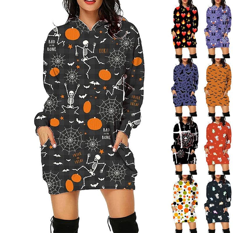 image-Halloween Print Long Hoodie With Pockets Sweater Long Sleeve Clothes Women