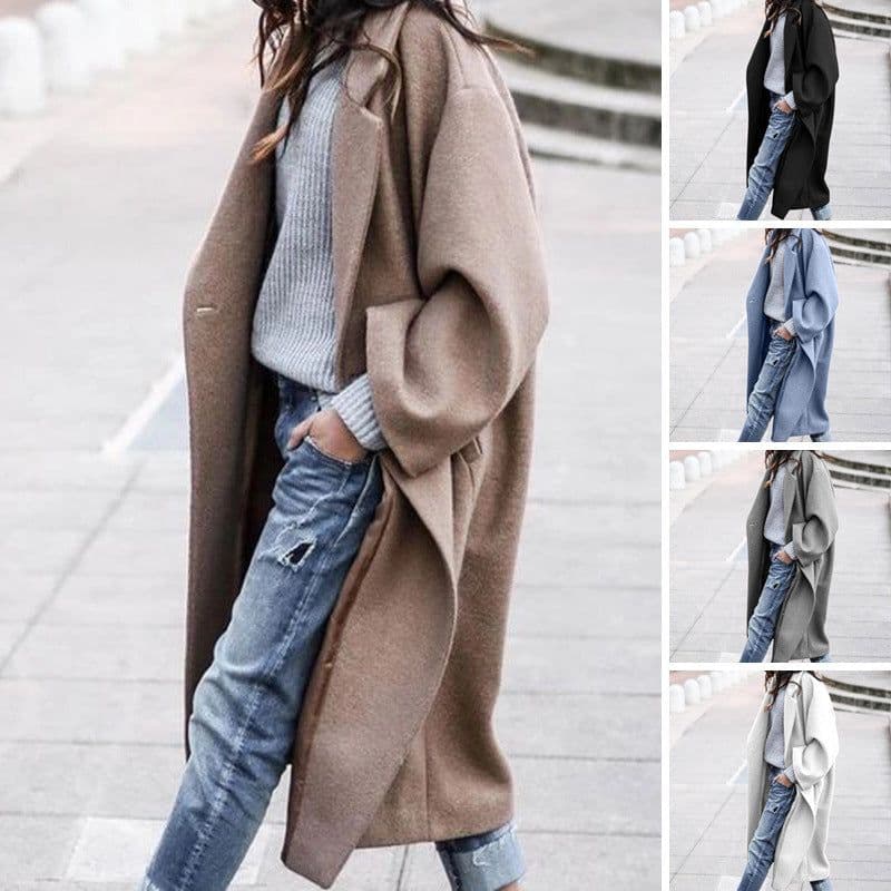 image-Casual Long Jacket With Pockets Solid Color Single Breasted Lapel Woolen Coat For Women Warm Winter Clothing