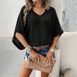 image-V-neck Bat Sleeve Short-sleeved T-shirt Top Summer Casual Loose Hollow Sweater Fashion Womens Clothing
