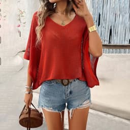 image-V-neck Bat Sleeve Short-sleeved T-shirt Top Summer Casual Loose Hollow Sweater Fashion Womens Clothing