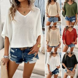 image-V-neck Bat Sleeve Short-sleeved T-shirt Top Summer Casual Loose Hollow Sweater Fashion Womens Clothing