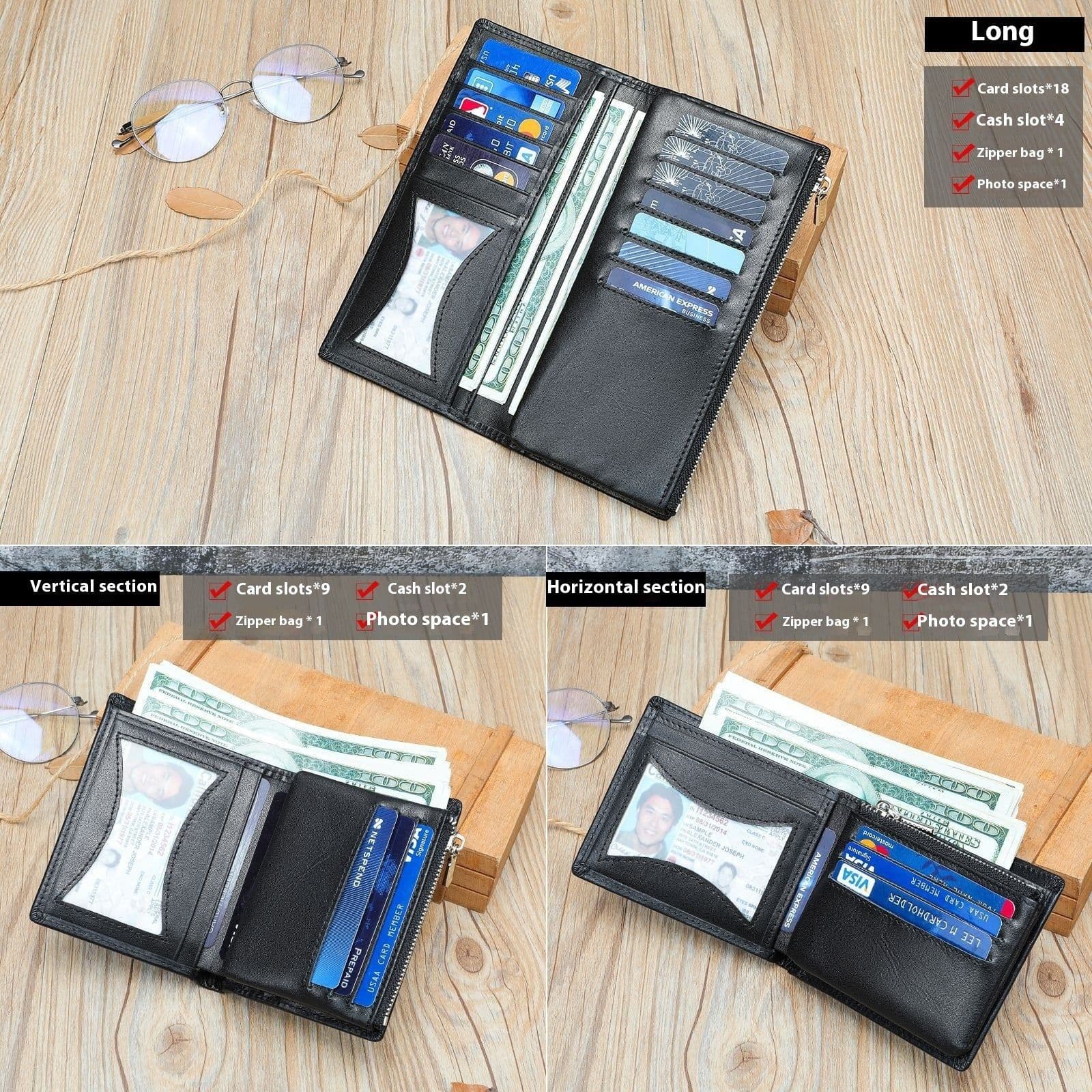 image-Handmade Cowhide Wallet Men's Top Layer Leather Zipper Anti-theft Swiping Large Capacity