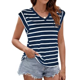 image-Fashion Stripe Print V-neck Short-sleeved T-Shirt Summer Loose Tank Top Womens Clothing
