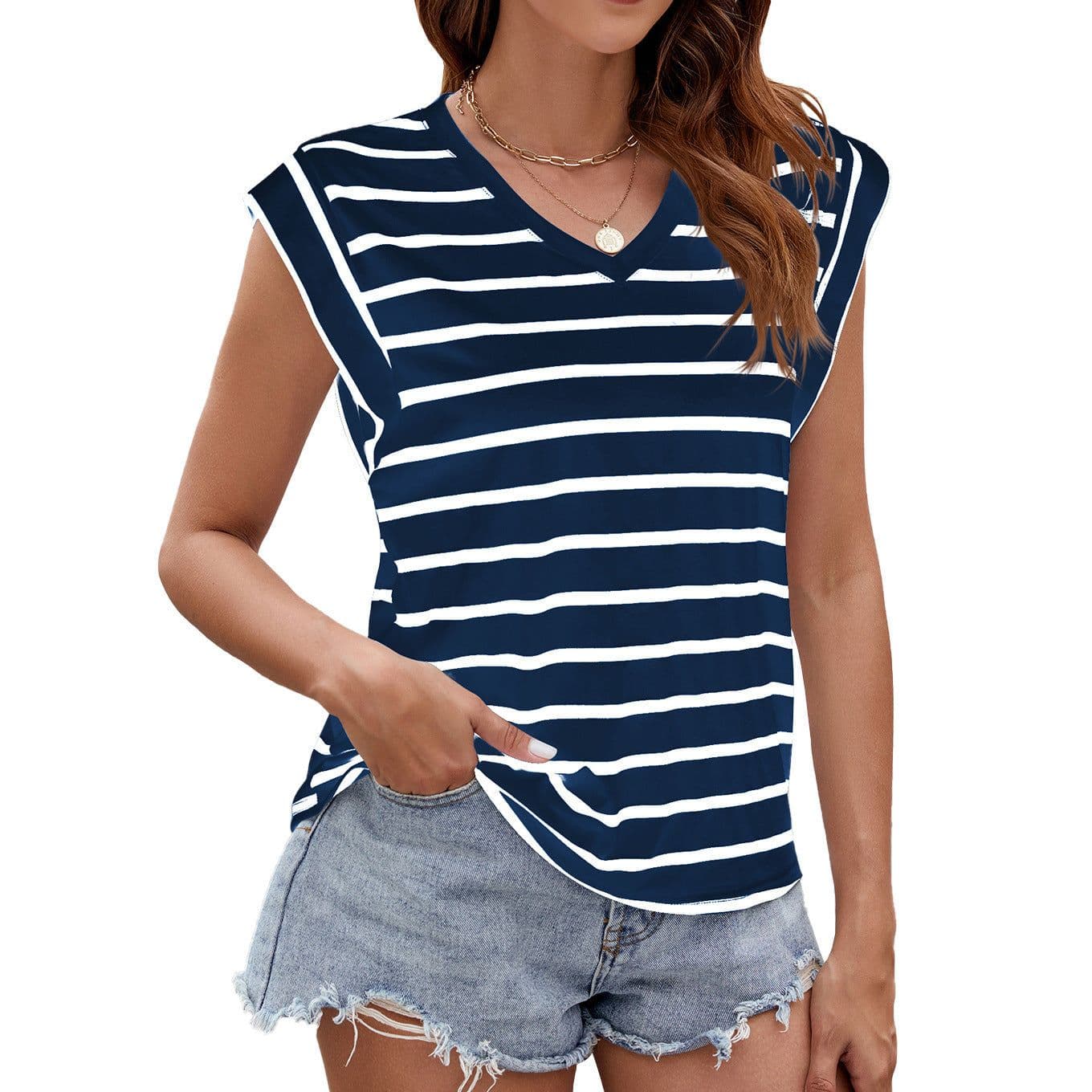 image-Fashion Stripe Print V-neck Short-sleeved T-Shirt Summer Loose Tank Top Womens Clothing