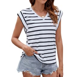 image-Fashion Stripe Print V-neck Short-sleeved T-Shirt Summer Loose Tank Top Womens Clothing