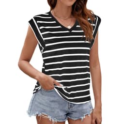 image-Fashion Stripe Print V-neck Short-sleeved T-Shirt Summer Loose Tank Top Womens Clothing