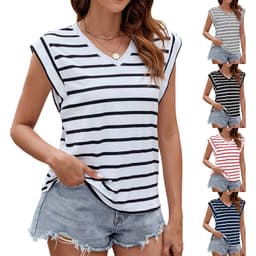 image-Fashion Stripe Print V-neck Short-sleeved T-Shirt Summer Loose Tank Top Womens Clothing