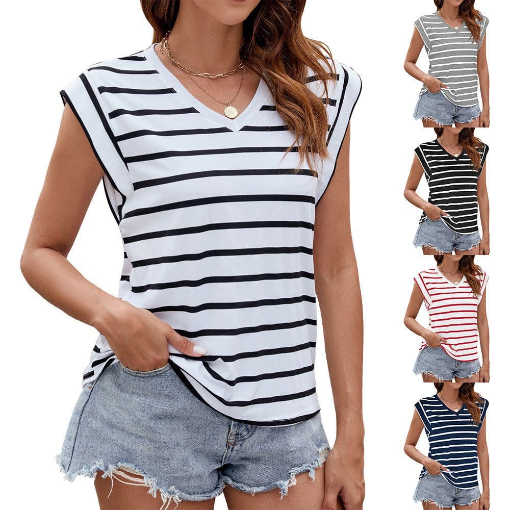 image-Fashion Stripe Print V-neck Short-sleeved T-Shirt Summer Loose Tank Top Womens Clothing