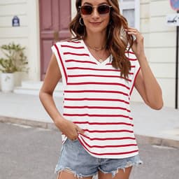 image-Fashion Stripe Print V-neck Short-sleeved T-Shirt Summer Loose Tank Top Womens Clothing