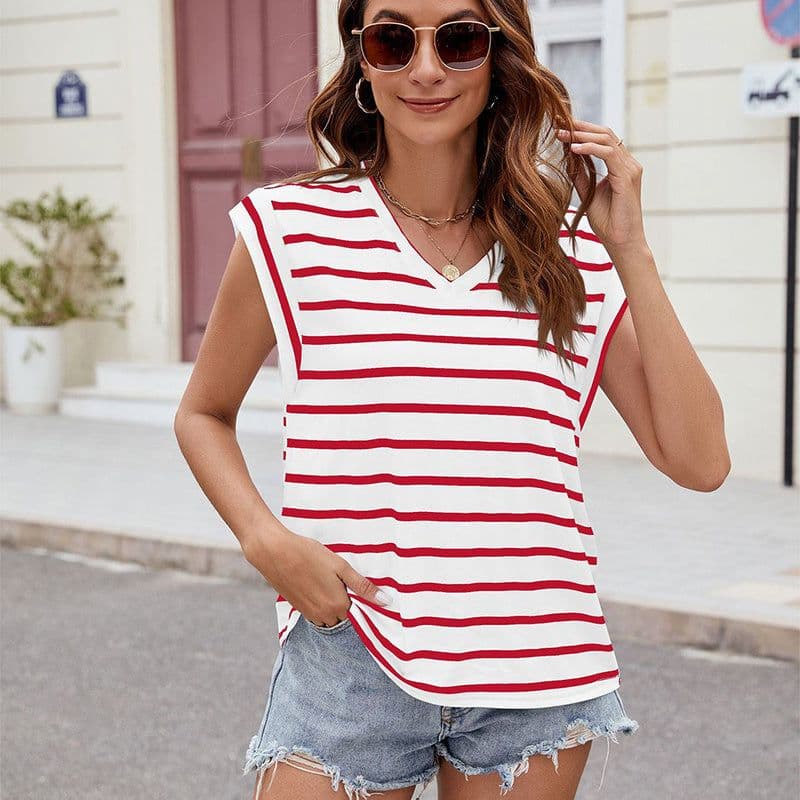 image-Fashion Stripe Print V-neck Short-sleeved T-Shirt Summer Loose Tank Top Womens Clothing