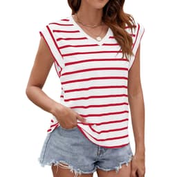 image-Fashion Stripe Print V-neck Short-sleeved T-Shirt Summer Loose Tank Top Womens Clothing