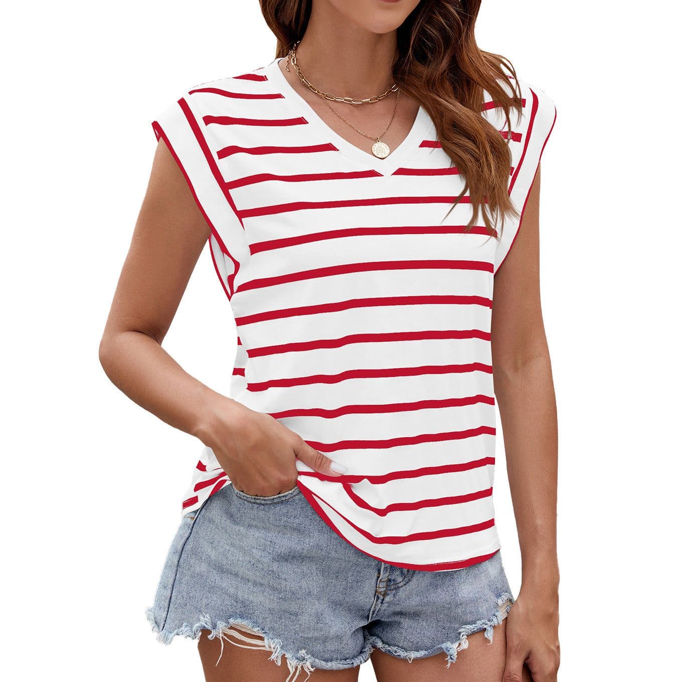 image-Fashion Stripe Print V-neck Short-sleeved T-Shirt Summer Loose Tank Top Womens Clothing