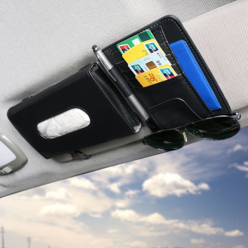 image-Creative Car Sun Visor Tissue Box With Invoice Folder Bill Clip Card Holder Car Hanging Sunroof Napkin Bag Card Slot