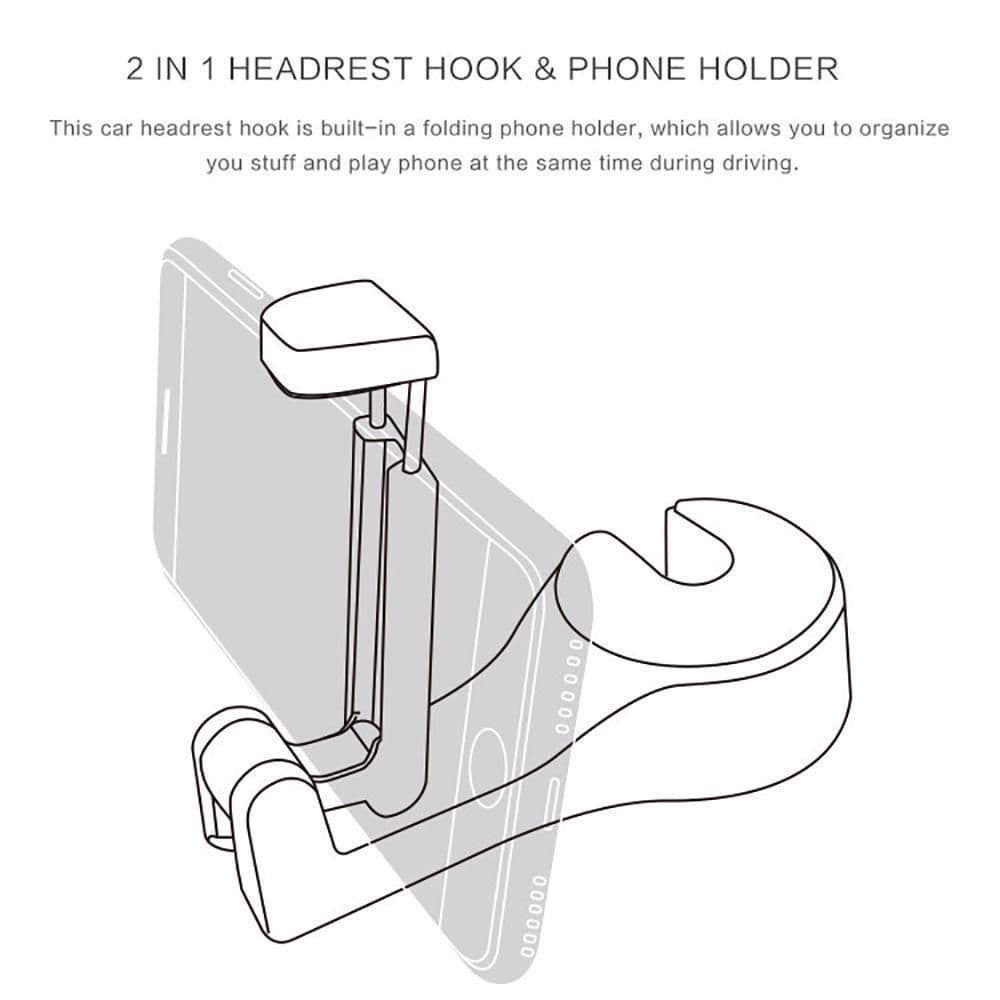 image-Car Headrest Hook with Phone Holder Seat Back Hanger for Bag Handbag Purse Grocery Cloth