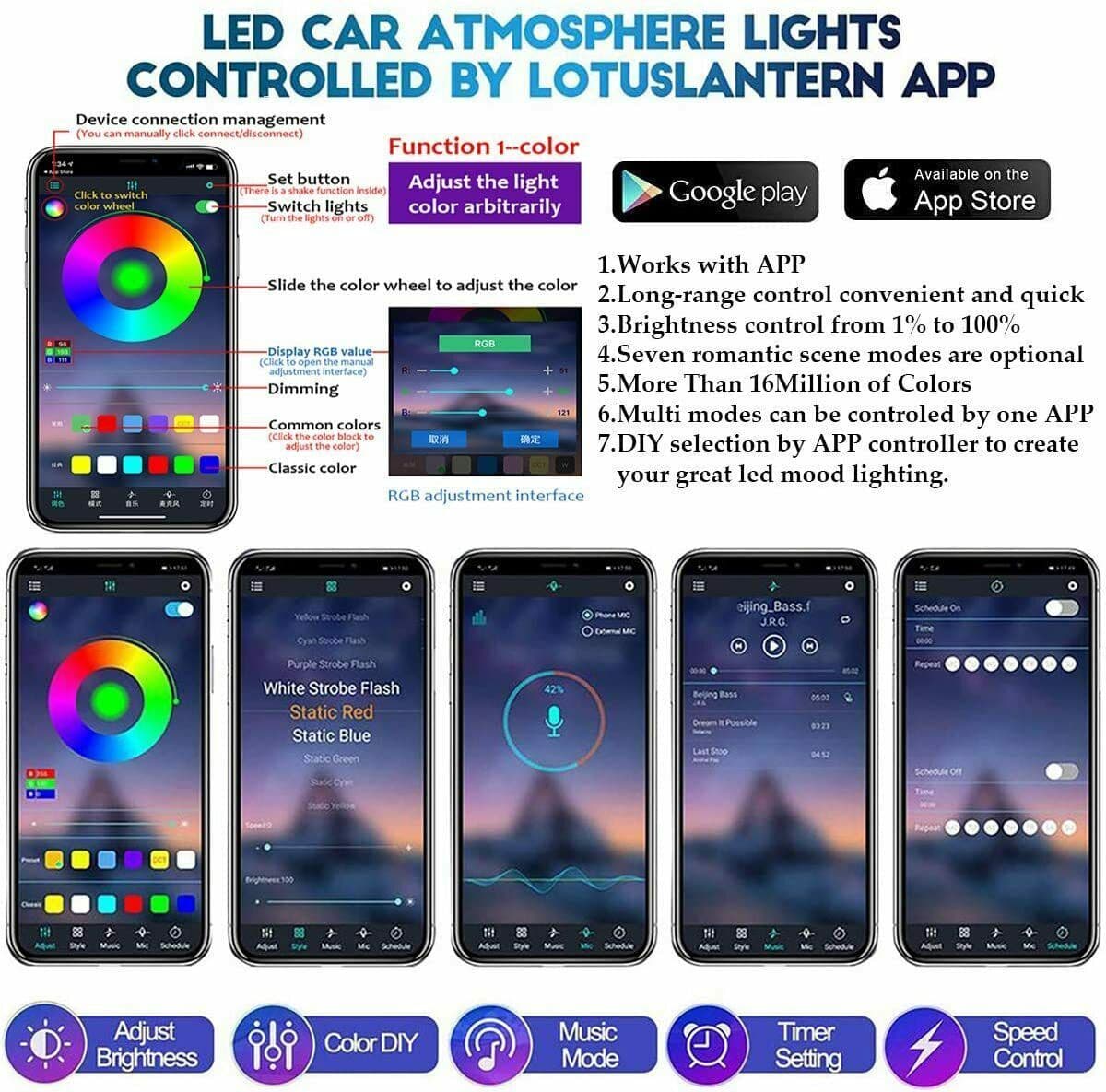 image-Auto LED RGB Interior Atmosphere Strip Light Decorative Foot Lamp With USB Wireless Remote Music Control Multiple Modes For Car