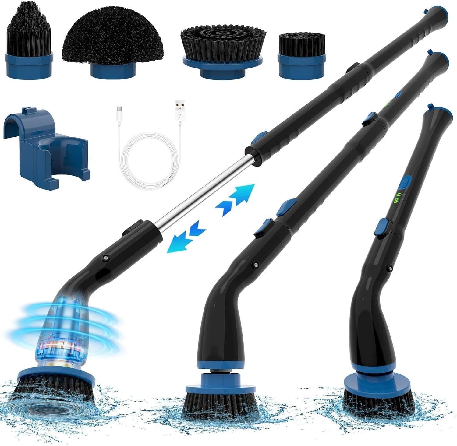 image-Electric Spin Scrubber, Cordless Cleaning Brush With 4 Replaceable Brush Heads And Adjustable Extension Handle Power Shower Scrubber For Bathroom, Kitchen, Tub, Tile, Floor