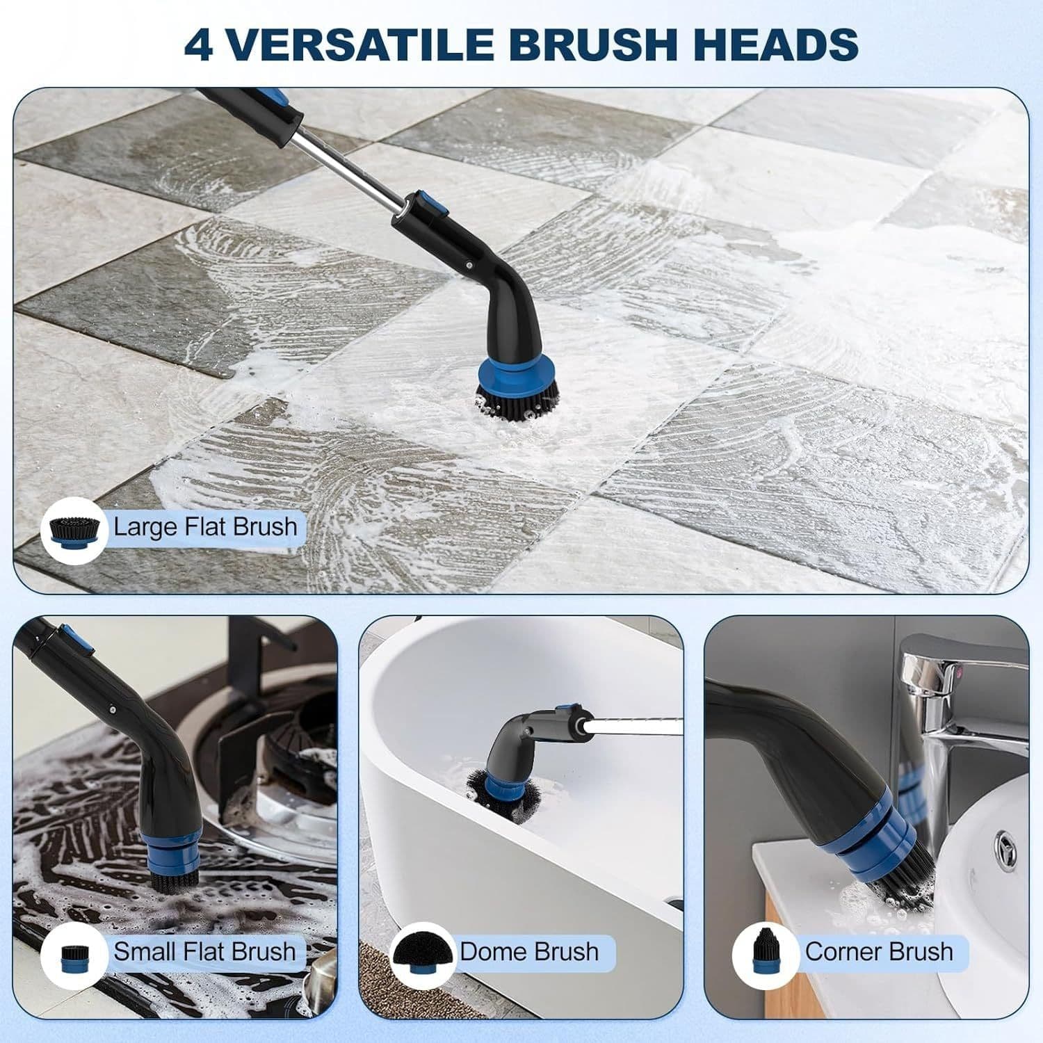 image-Electric Spin Scrubber, Cordless Cleaning Brush With 4 Replaceable Brush Heads And Adjustable Extension Handle Power Shower Scrubber For Bathroom, Kitchen, Tub, Tile, Floor