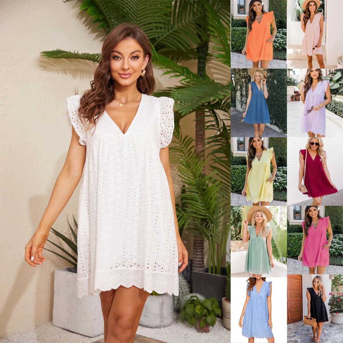 image-Lace Dresses With Pocket Summer Sleeveless Jacquard Cutout V-Neck Beach Dress