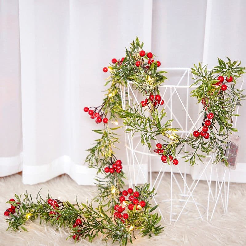 image-Christmas Decoration Red Fruit Light Needles Leaf Garland Fairy Night Light For Home Wedding Party
