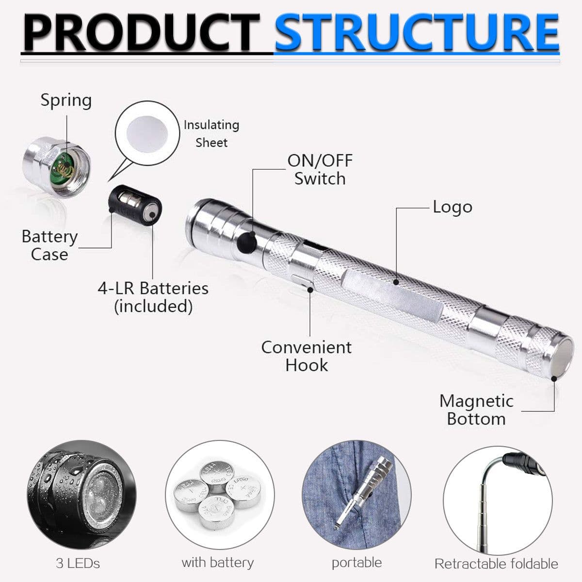 image-Flashlight Telescopic Rotating Aluminum Alloy LED Magnet To Pick Up Work Light