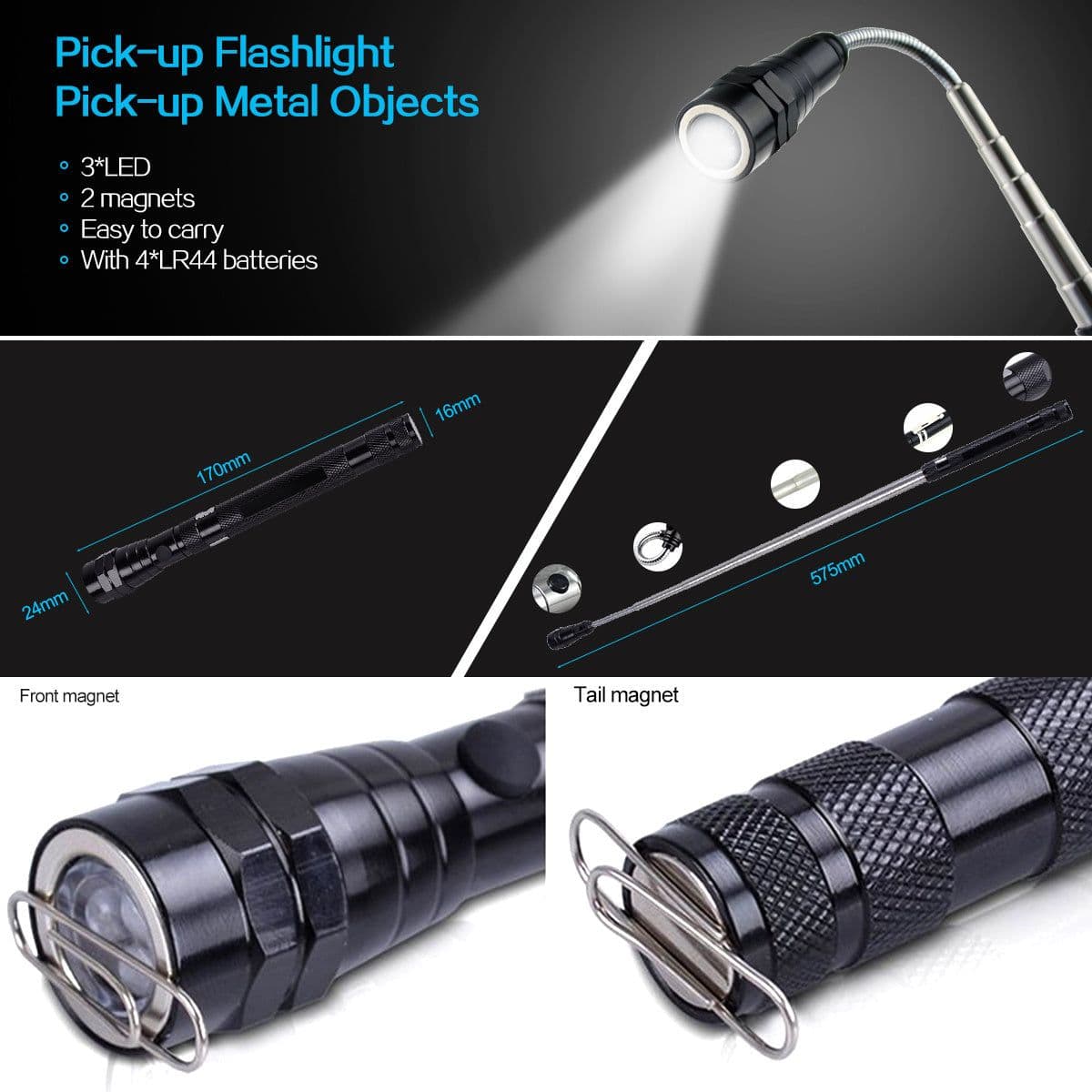 image-Flashlight Telescopic Rotating Aluminum Alloy LED Magnet To Pick Up Work Light