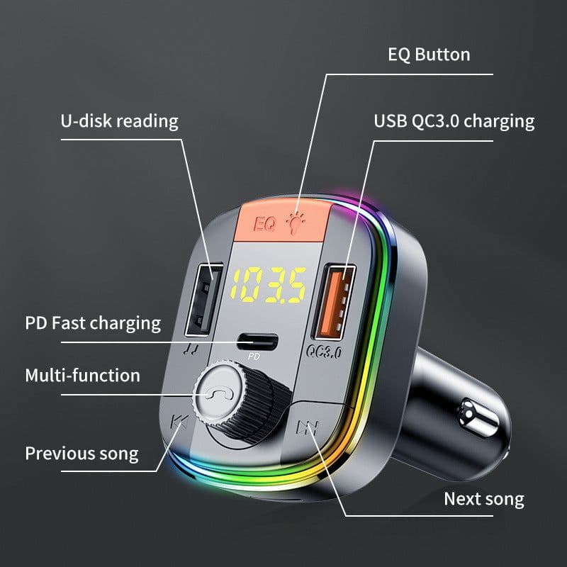 image-832 Car Mp3 Player Colorful Atmosphere Breathing Light Hands-Free Car Bluetooth Qc3.0 Car Charger