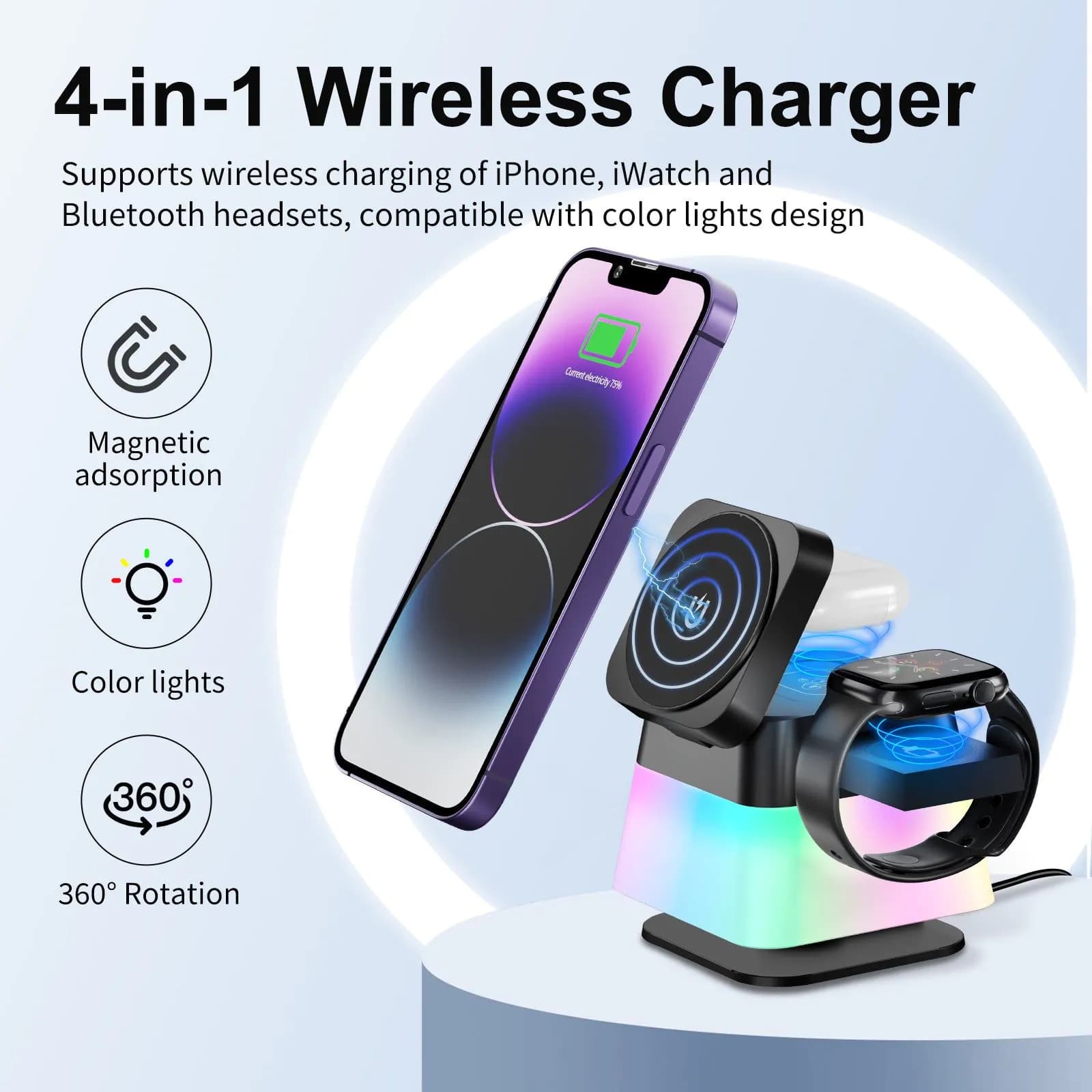 image-4 In 1 Rotatable Colorful Lighting Wireless Charger Stand For Phone 15 14 13 12 Pro Max 8 7 Holder Magnetic Fast Charging Station