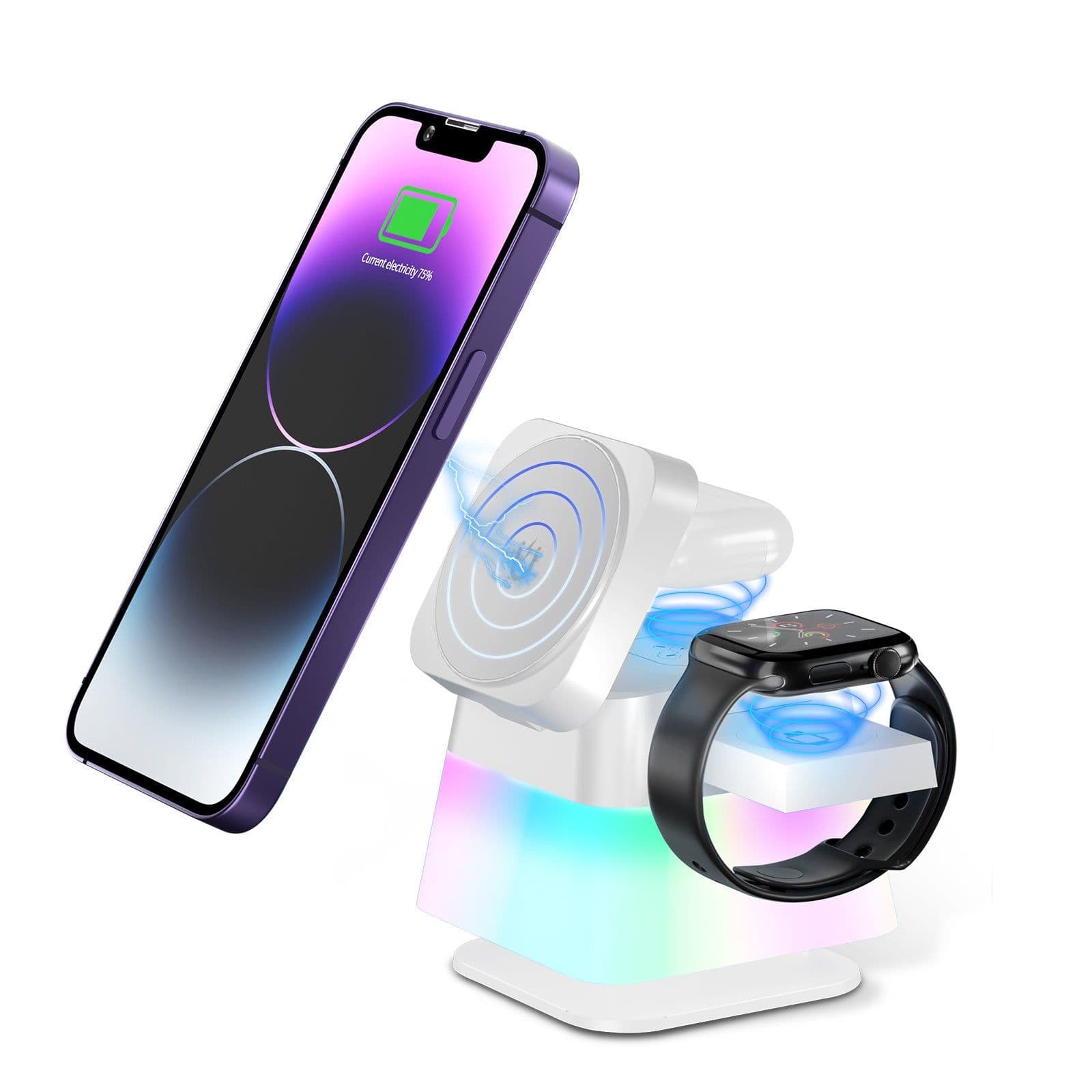 image-4 In 1 Rotatable Colorful Lighting Wireless Charger Stand For Phone 15 14 13 12 Pro Max 8 7 Holder Magnetic Fast Charging Station