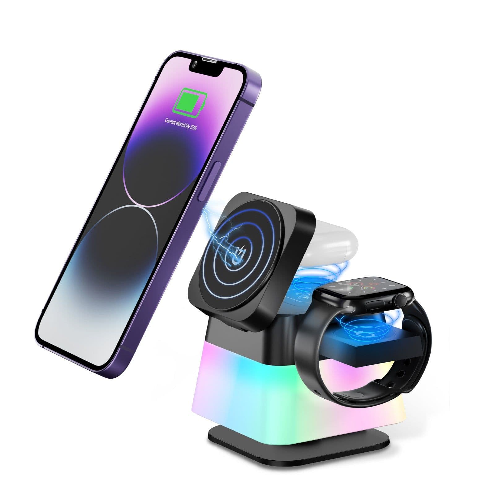 image-4 In 1 Rotatable Colorful Lighting Wireless Charger Stand For Phone 15 14 13 12 Pro Max 8 7 Holder Magnetic Fast Charging Station