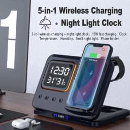 image-15W Wireless Chargers Stand 5 In1 LED Digital Alarm Clock Fast Charging Dock Station