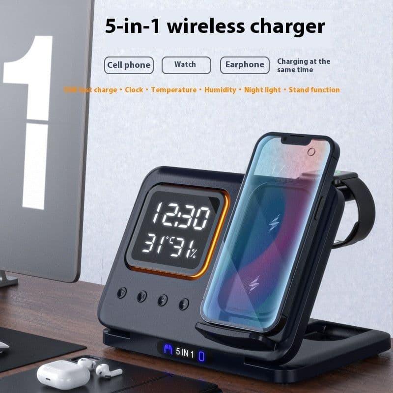 image-15W Wireless Chargers Stand 5 In1 LED Digital Alarm Clock Fast Charging Dock Station