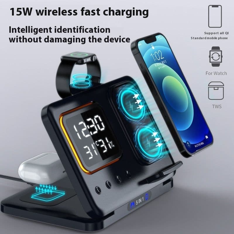 image-15W Wireless Chargers Stand 5 In1 LED Digital Alarm Clock Fast Charging Dock Station