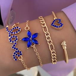 image-4pcs Blue Flower Love Butterfly Bracelet Set With Rhinestones Design Valentines Day