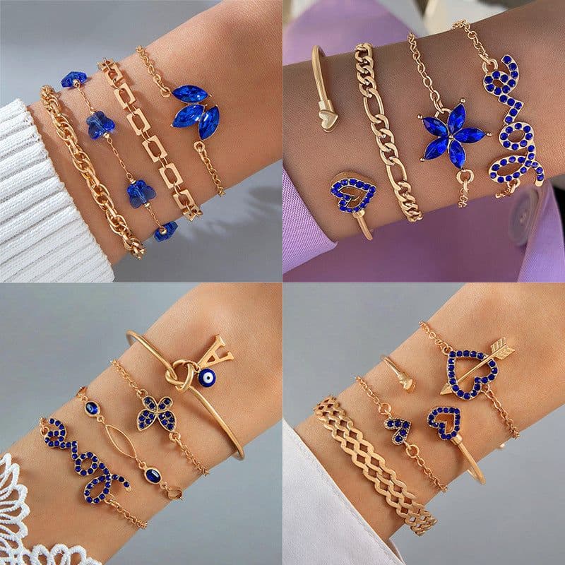 image-4pcs Blue Flower Love Butterfly Bracelet Set With Rhinestones Design Valentines Day