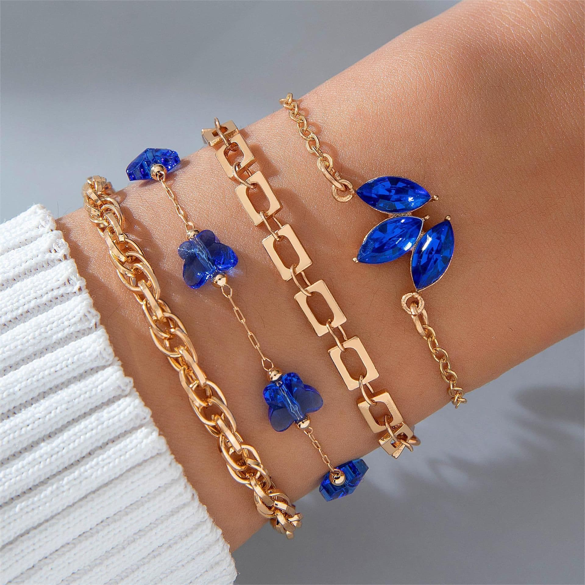 image-4pcs Blue Flower Love Butterfly Bracelet Set With Rhinestones Design Valentines Day