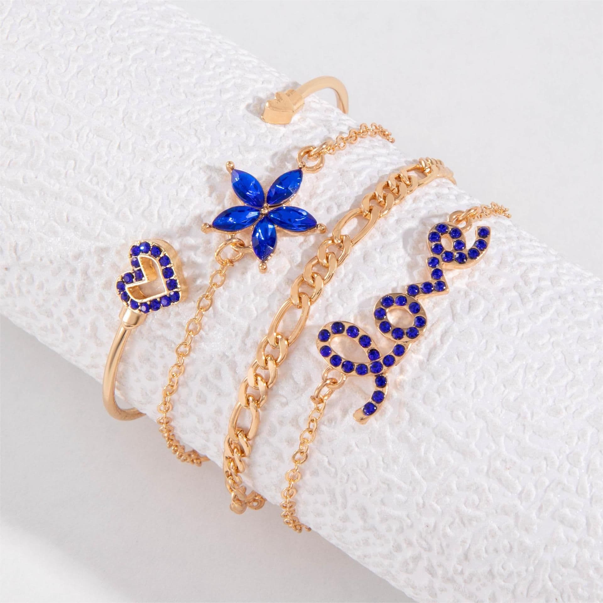 image-4pcs Blue Flower Love Butterfly Bracelet Set With Rhinestones Design Valentines Day