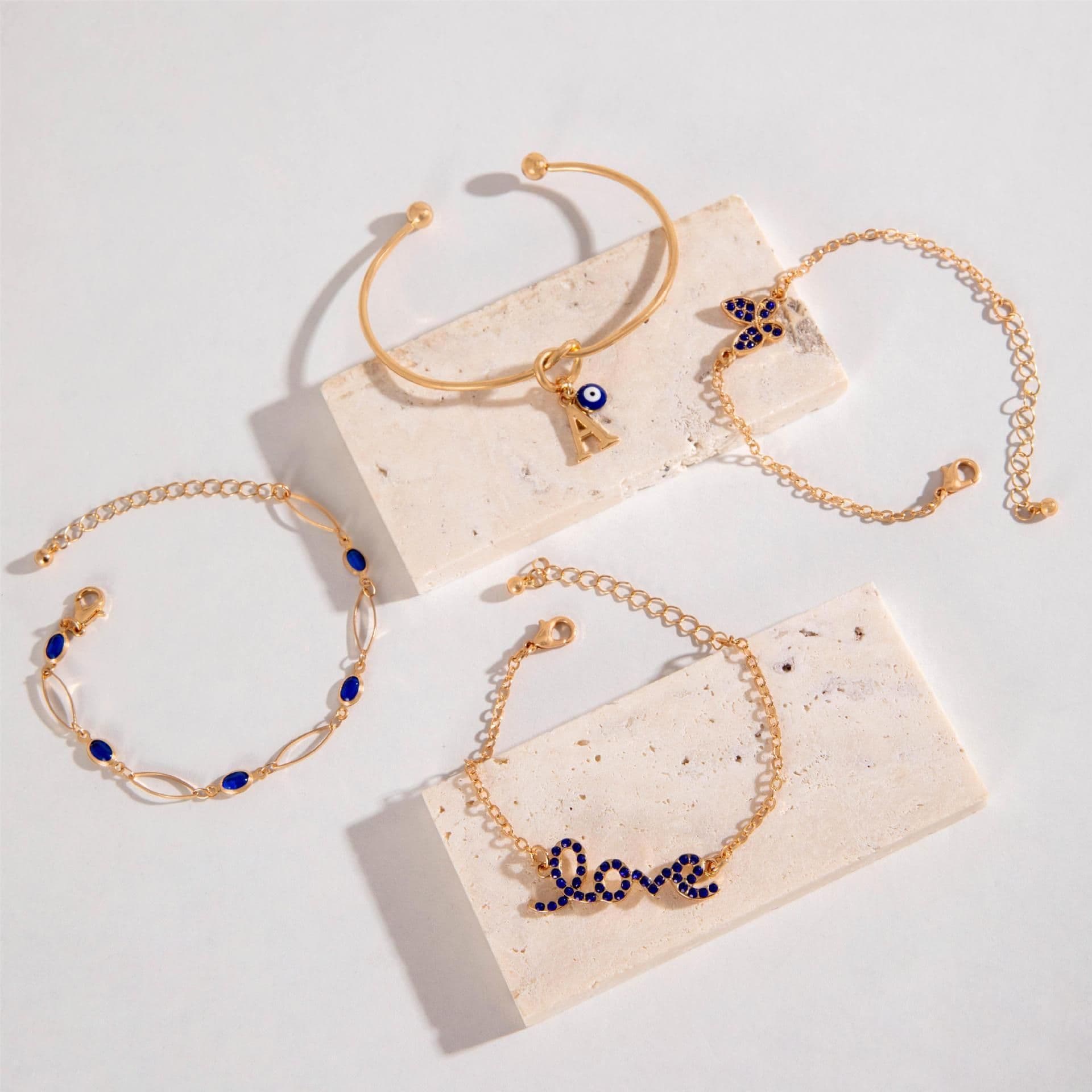 image-4pcs Blue Flower Love Butterfly Bracelet Set With Rhinestones Design Valentines Day