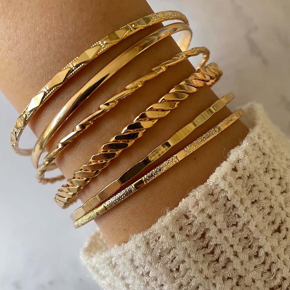 image-Bohemian Metal Chain Bracelet Set For Women Geometric Gold Color Thick Link Chain Open Bangle Female Fashion Jewelry