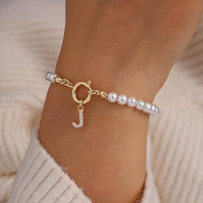 image-2024 New Fashion Toggle Clasp Initial Bracelet Women A-Z Letter Pendant 6mm Pearl Bracelet For Women Jewelry Gift